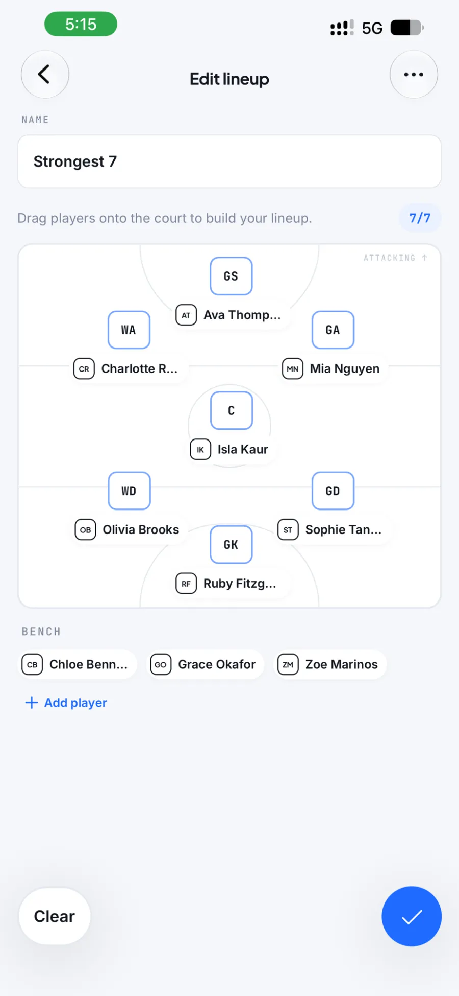 The HELIX lineup editor: a saved lineup named Strongest 7, with players dragged onto the seven court positions and the rest on the bench