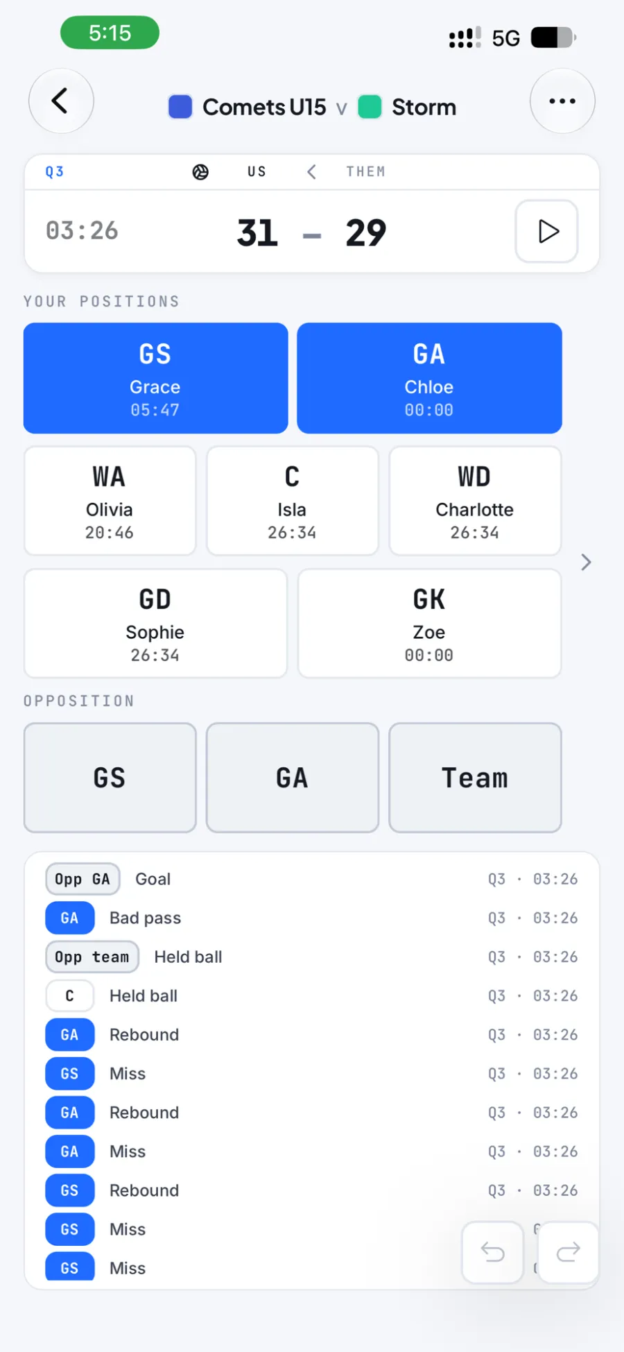 The HELIX live recording screen: the score and game clock, the seven positions with each player's name and court time, and the running event history